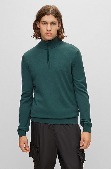 Zip-neck sweater in virgin wool with logo embroidery, Dark Green