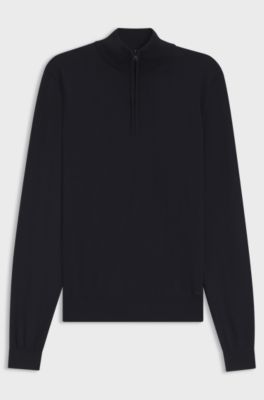 Merino-wool sweater with zip neck, Dark Blue