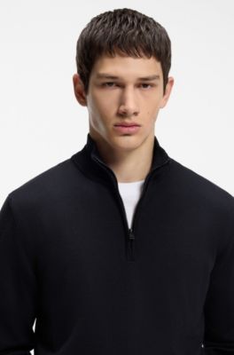 Merino-wool sweater with zip neck, Dark Blue