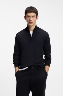 Merino-wool sweater with zip neck, Dark Blue