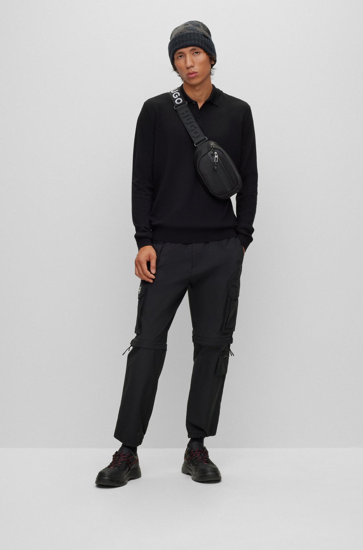 Regular-fit polo sweater in responsible wool, Black