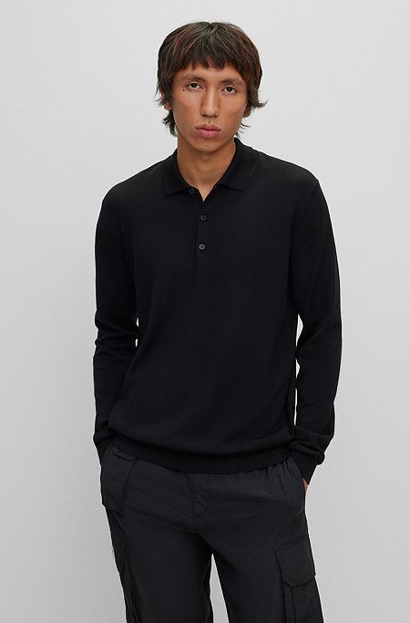 Regular-fit polo sweater in responsible wool, Black