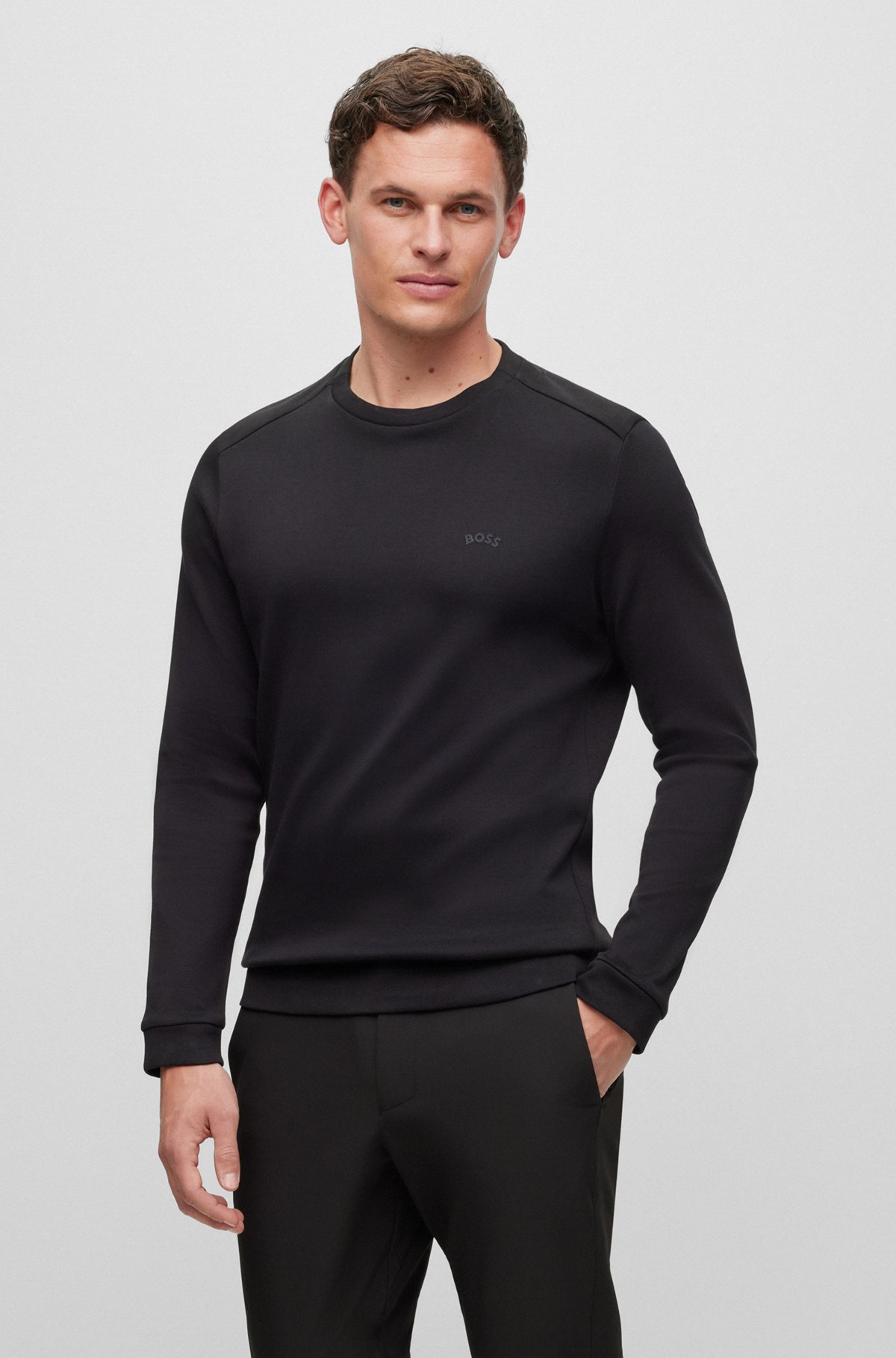 Crew-neck sweatshirt in interlock cotton with curved logo, Black