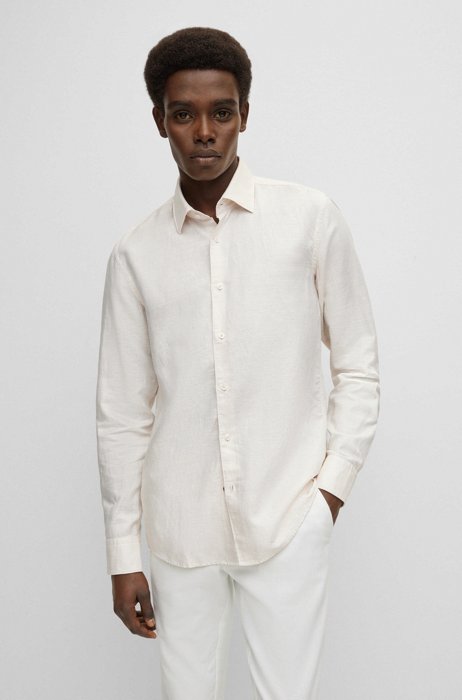 Slim-fit shirt in a washed linen blend, Light Beige