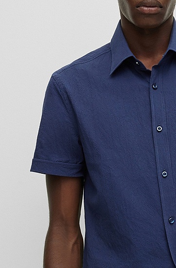 弹力棉泡泡布休闲版型短袖衬衫,  404_Dark Blue