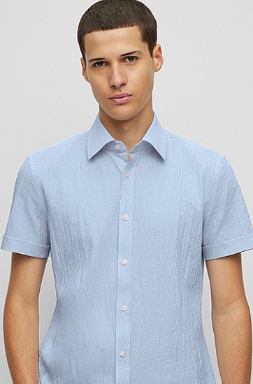 条纹弹力棉质泡泡布休闲版型衬衫,  453_Light/Pastel Blue