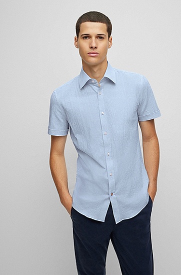 BOSS 博斯条纹弹力棉质泡泡布休闲版型衬衫,  453_Light/Pastel Blue