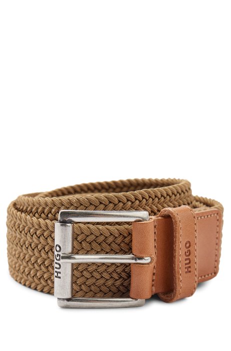 Italian-made woven elastic belt with leather trims, Beige