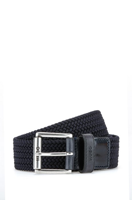 Italian-made woven elastic belt with leather trims, Dark Blue
