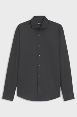 Regular-Fit Hemd aus elastischem Baumwoll-Twill mit b&uuml;gelleichtem Finish, Dunkelgrau