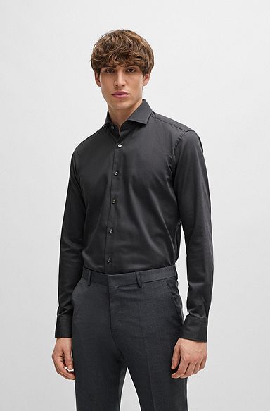Regular-fit shirt in easy-iron stretch-cotton twill, Dark Grey