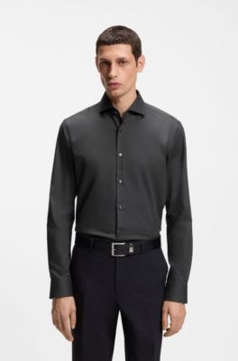 Regular-Fit Hemd aus elastischem Baumwoll-Twill mit b&uuml;gelleichtem Finish, Dunkelgrau