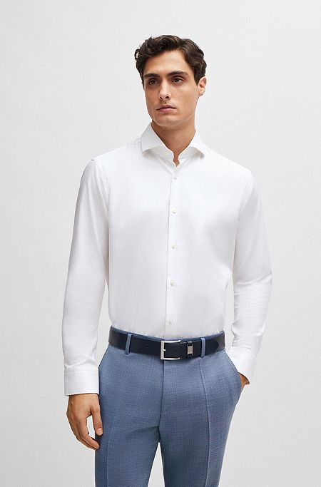 Regular-fit shirt in easy-iron stretch-cotton twill, White