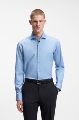 Camicia regular fit in twill di cotone elasticizzato facile da stirare, Celeste