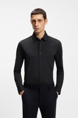 Camicia slim fit in misto cotone elasticizzato ad alte prestazioni, Nero