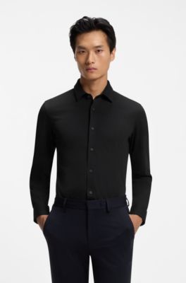 Slim-fit shirt in a performance-stretch cotton blend, Black