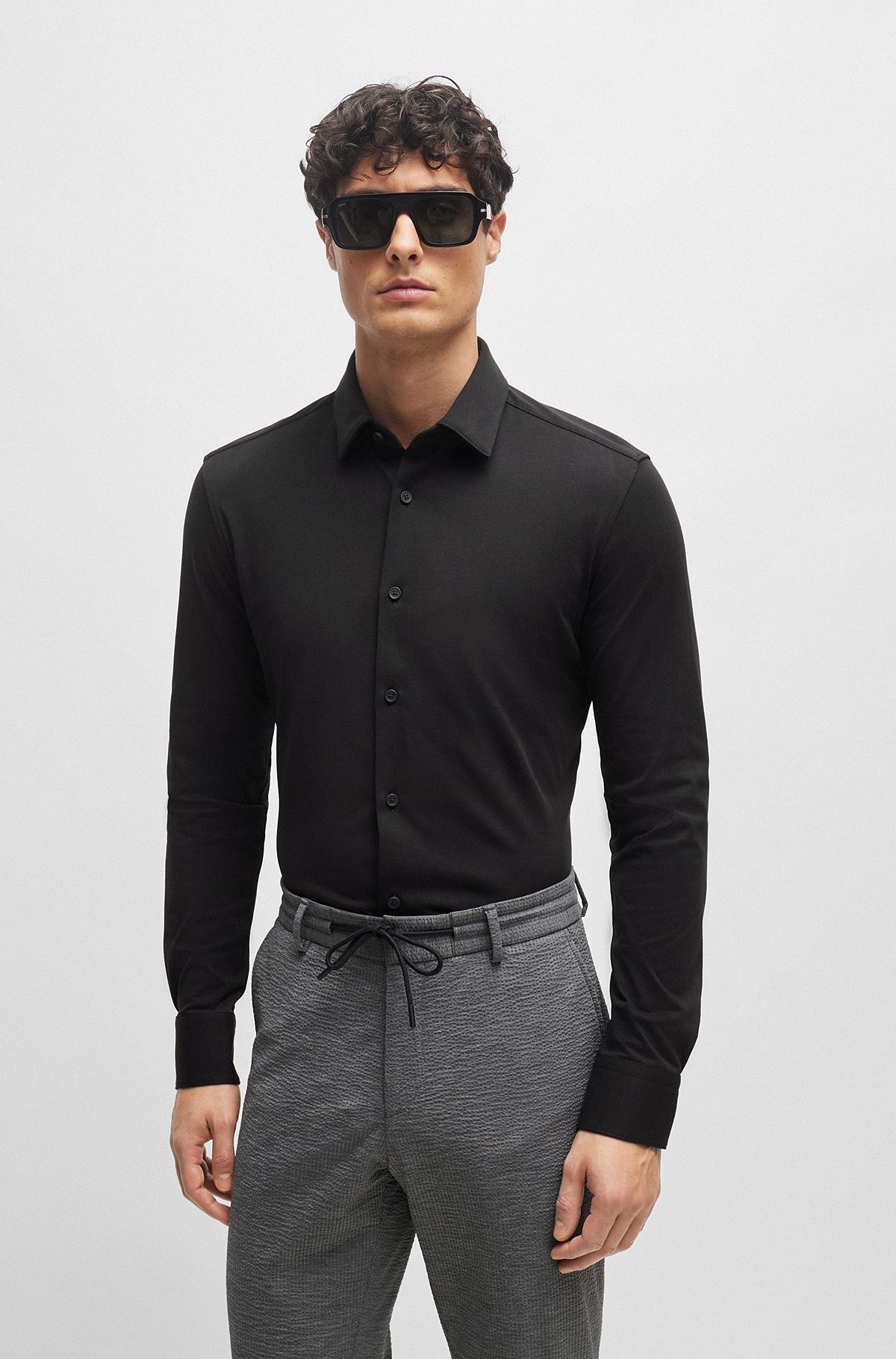 Slim-fit shirt in performance-stretch cotton-blend jersey, Black