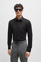 Slim-fit shirt in performance-stretch cotton-blend jersey, Black