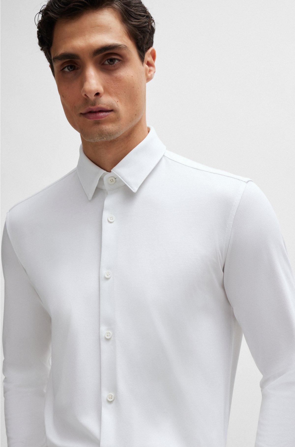 Slim-fit shirt in performance-stretch cotton-blend jersey, White