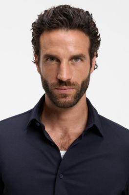 Chemise Slim en coton stretch m&eacute;lang&eacute; performant, Bleu fonc&eacute;