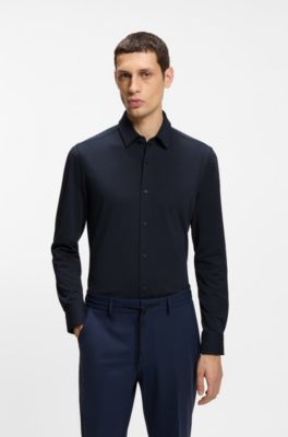 Slim-fit shirt in a performance-stretch cotton blend, Dark Blue
