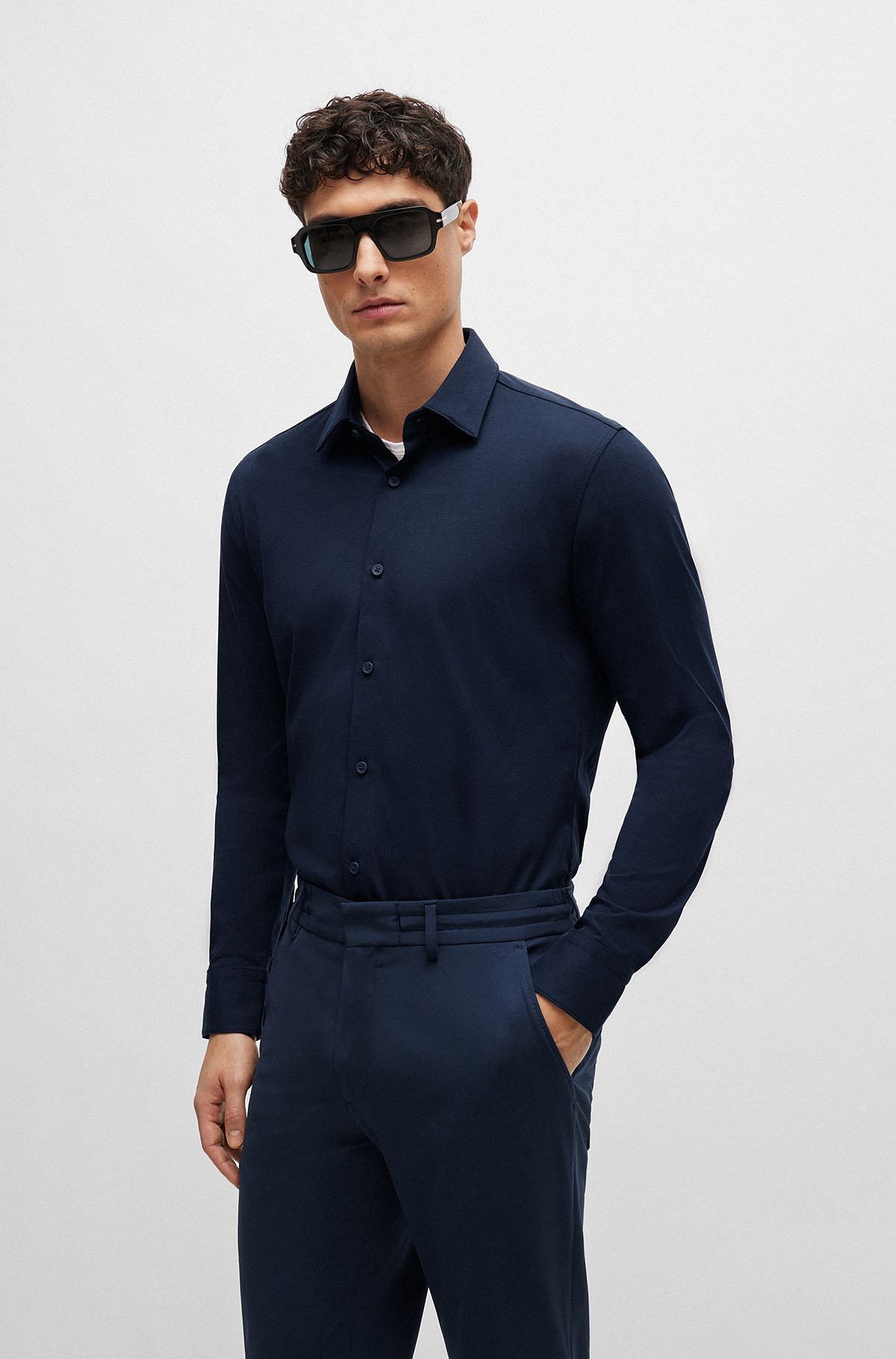 Slim-fit shirt in performance-stretch cotton-blend jersey, Dark Blue