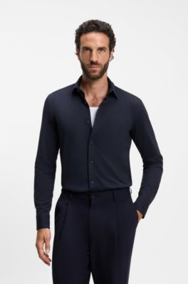 Chemise Slim en coton stretch m&eacute;lang&eacute; performant, Bleu fonc&eacute;