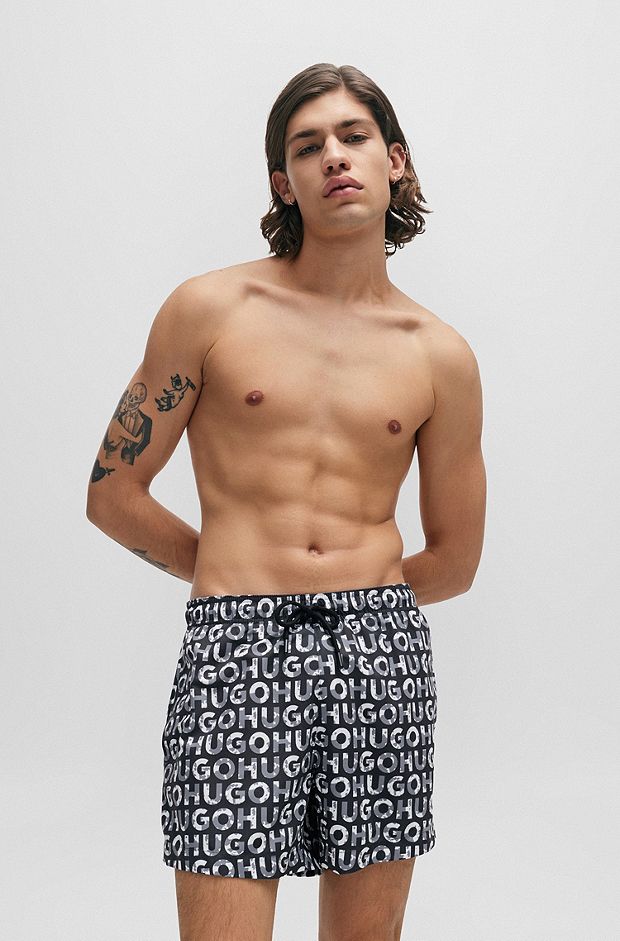 Recycled-material swim shorts with logo print, Patterned