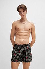 Recycled-material swim shorts with logo print, Black / Green