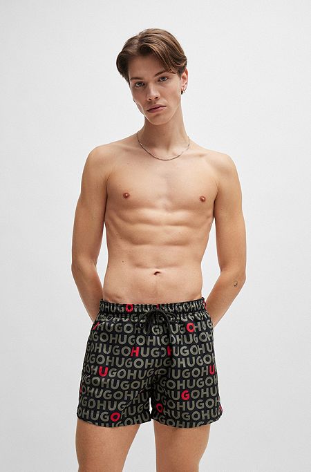 Recycled-material swim shorts with logo print, Black / Green
