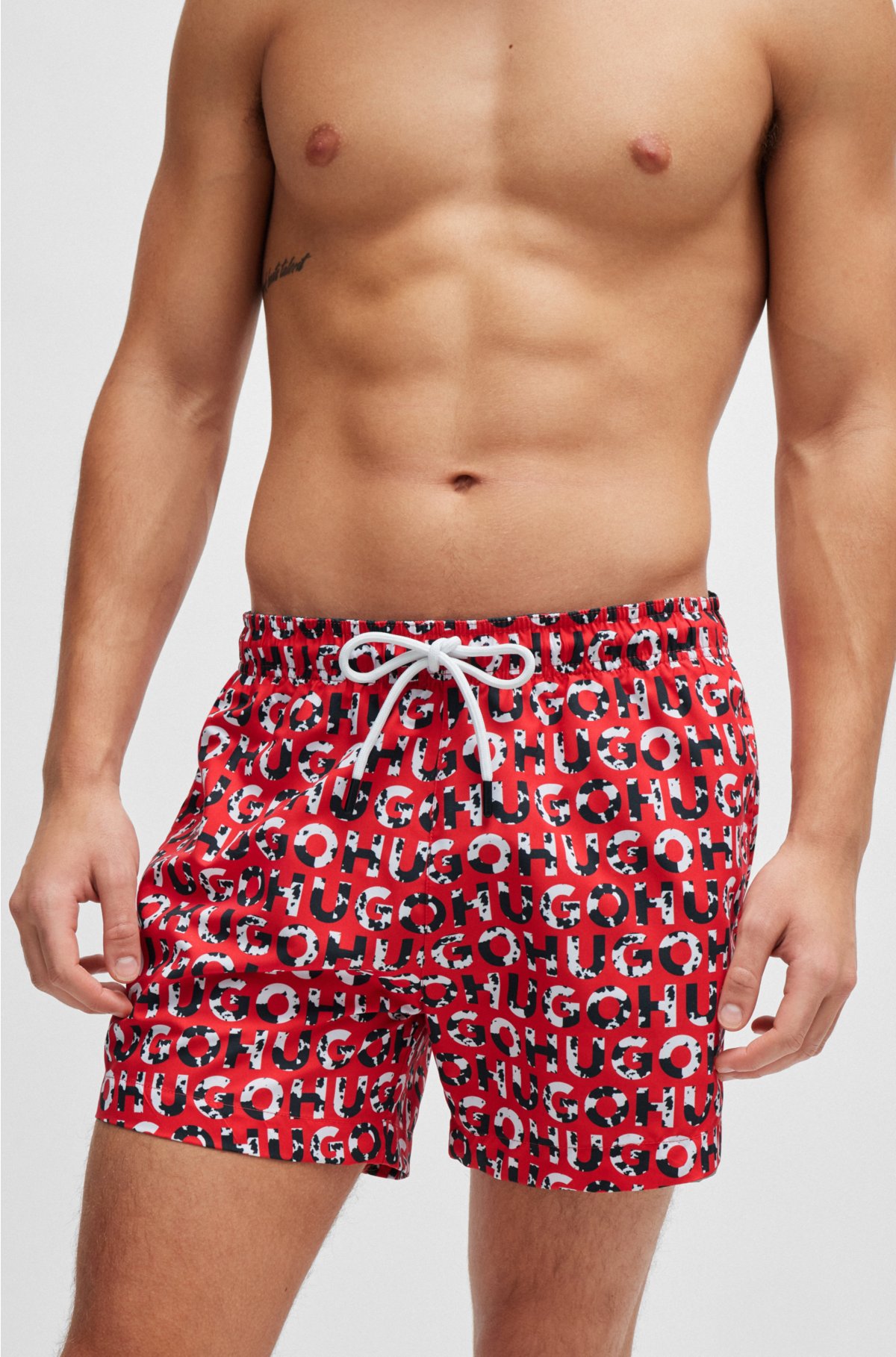 Recycled-material swim shorts with logo print, Red Patterned
