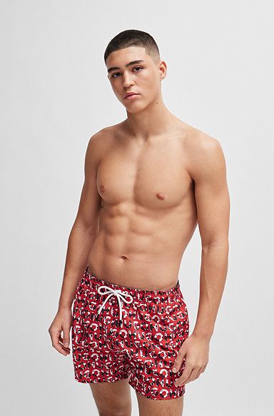 Recycled-material swim shorts with logo print, Red Patterned