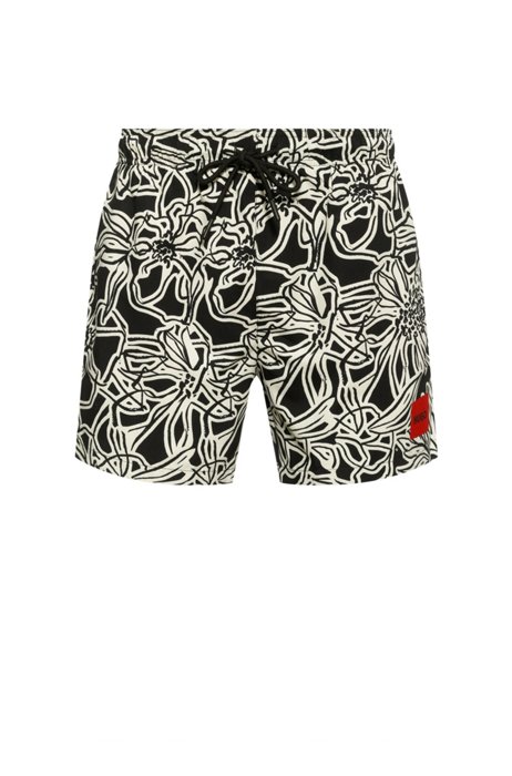 Leaf-print swim shorts with red logo label, Light Yellow