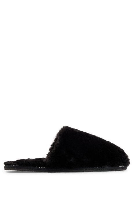 Faux-fur slippers with rubber sole, Black