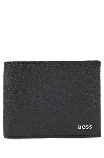 Grained-leather wallet with polished logo, Black