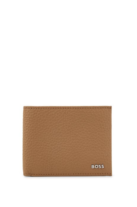 Grained-leather wallet with polished logo, Beige
