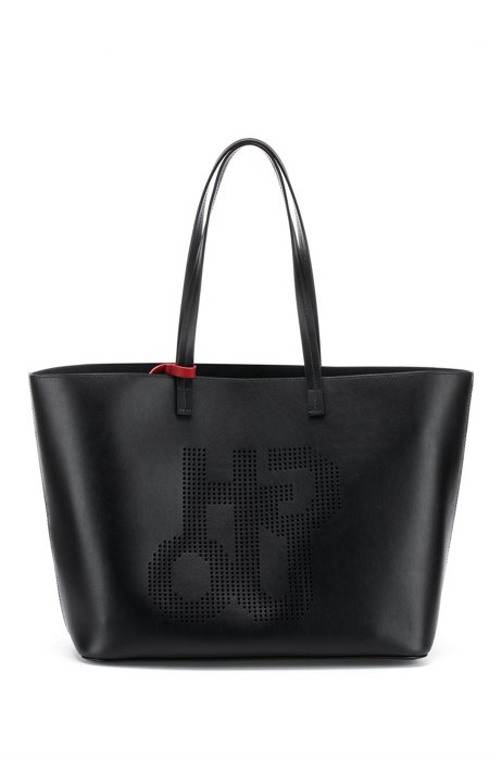 Shopper van leer met pouch en geperforeerd logo, Zwart