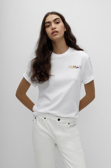 Cotton-jersey T-shirt with multi-coloured slogan, White