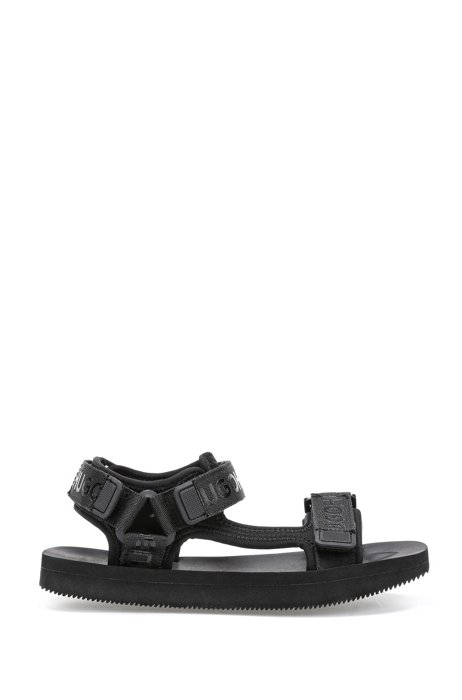 Flat sandals with branded touch-closure straps, Black