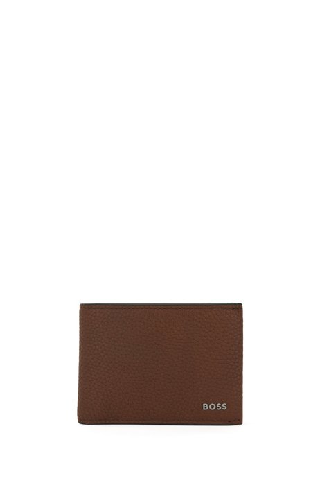 Grained-leather billfold wallet with silver-tone logo, Light Brown