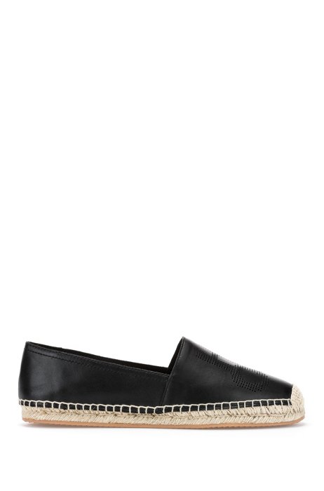 Leather espadrilles with perforated stacked logo and jute sole, Black