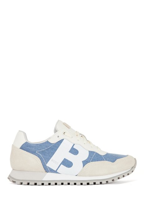Low-top trainers with denim accents and 'B' detail, Blue