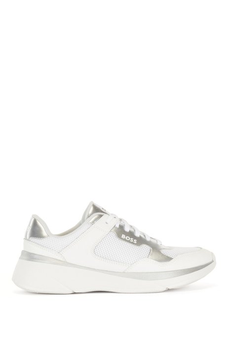 Trainers with bonded leather, mesh and metallic accents, White