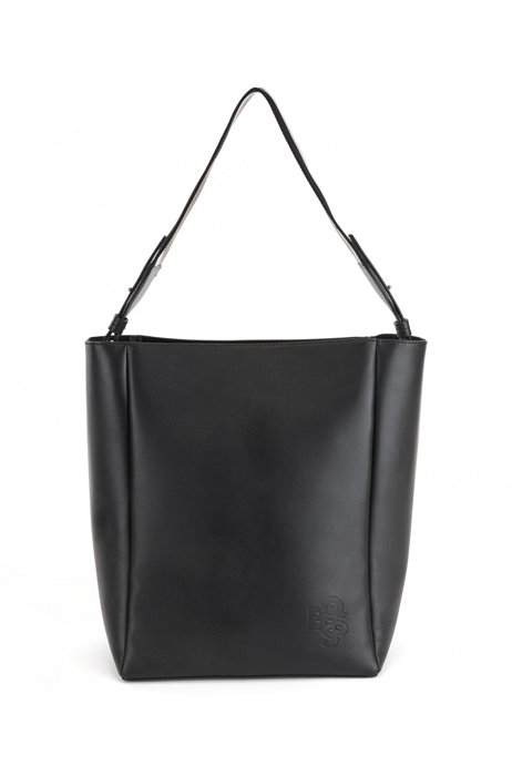 Smooth-leather shoulder bag with signature-stripe strap, Black