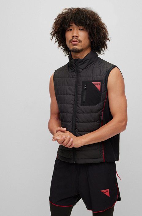 Slim-fit hooded gilet with red piping, Black