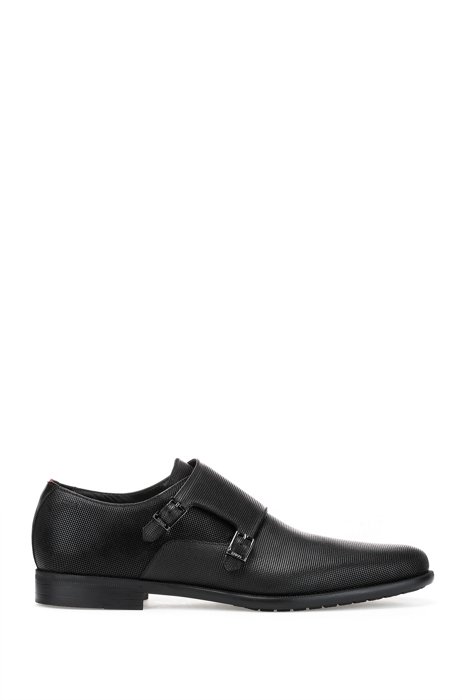 Double-monk shoes in printed leather, Black
