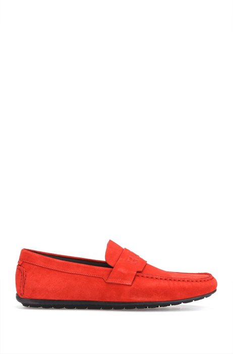 Suede moccasins with branded penny trim, Red