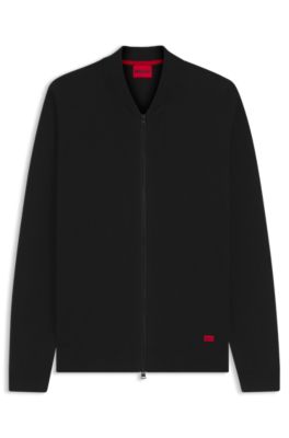Knitted-cotton bomber-style cardigan with red logo label, Black
