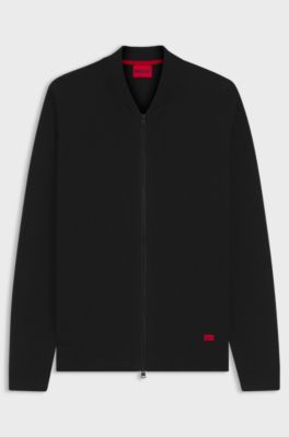 Knitted-cotton bomber-style cardigan with red logo label, Black