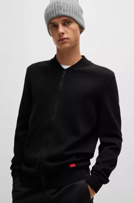Knitted-cotton bomber-style cardigan with red logo label